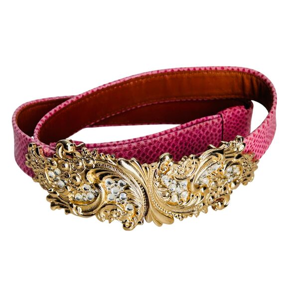 Vintage Alexis Kirk RARE Pink Lizard Reptile Leather Belt S/M Gold Bling Buckle - Picture 1 of 11